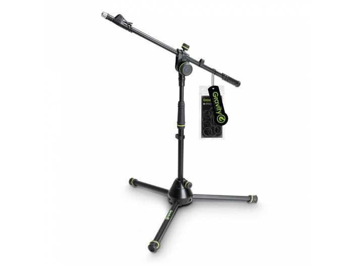 Gravity MS 4222 B - Pie de micrófono corto con trípode y brazo jirafa telescópico de 2 puntos de ajuste negro