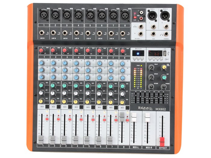 IBIS 8-CH MIXER USB/BT, +48V,1xAUX,1xEFFECT, 7-EQ MX802