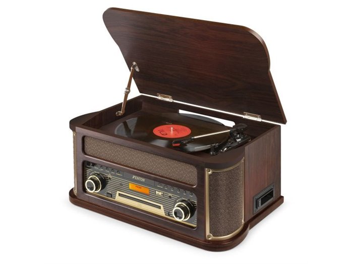 Fenton Memphis Tocadiscos retro con Bluetooth, radio DAB y FM, reproductor de CD, casete y mp3 - Madera oscura