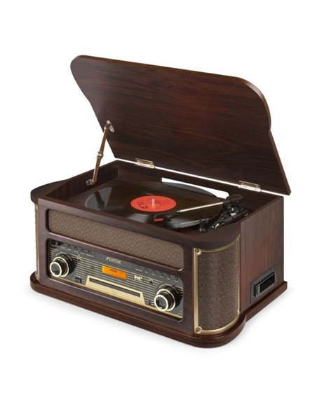Fenton Memphis Tocadiscos retro con Bluetooth, radio DAB y FM, reproductor de CD, casete y mp3 - Madera oscura