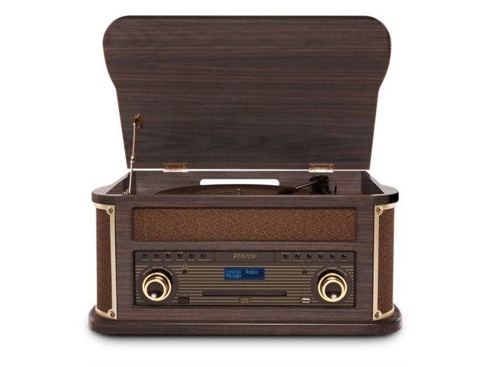 Fenton Memphis Tocadiscos retro con Bluetooth, radio DAB y FM, reproductor de CD, casete y mp3 - Madera oscura