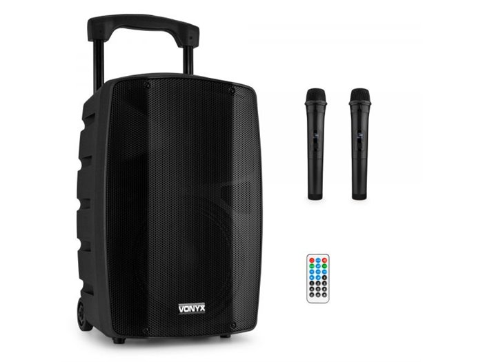 Vonyx VSP200 Altavoz portátil bluetooth de 10” 200W 2 micrófonos inalámbricos SD USB MP3