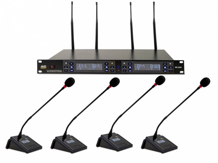 AMS MU 504 + MM 204 Sistema de conferencia con 4 micrófonos de sobremesa. 180 canales. Sincronización IR - 1