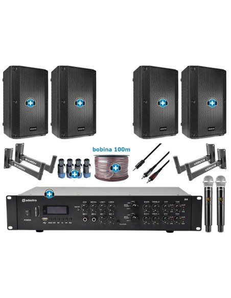 Pack de Sonido 306 Premium - Amplificador con zonas, microfonia   y 4 Altavoces de 10 pulgadas pasivos