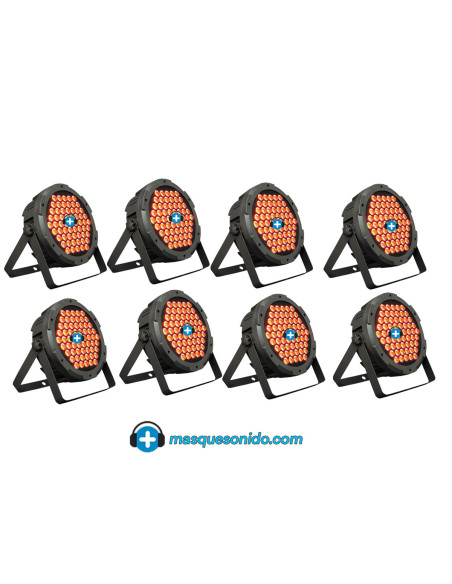 Vista frontal Pack 8 Focos LED RGB Mark SuperParLED Eco 85 encendidos
