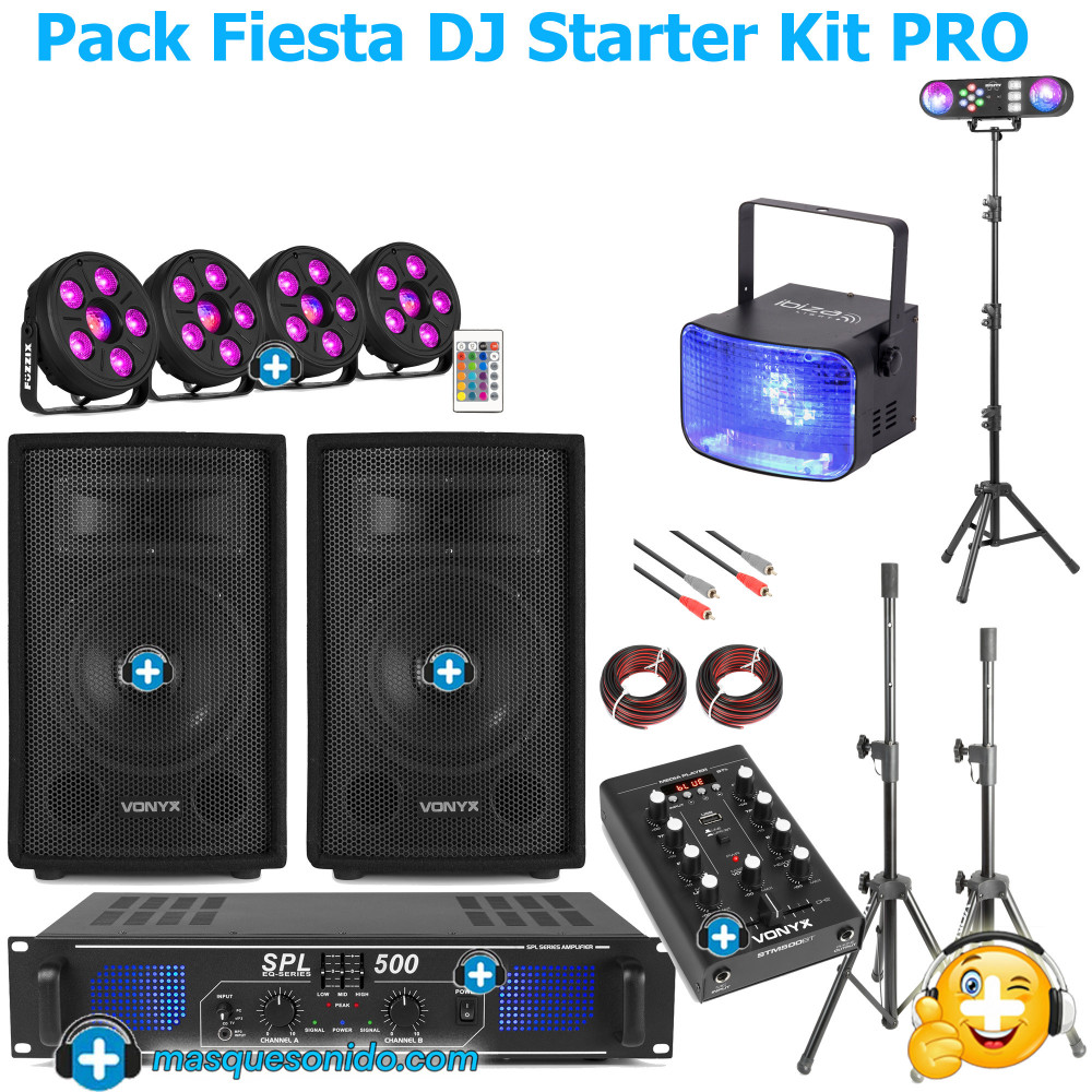 Pack Fiesta DJ Starter Kit PRO -  Equipo Modular 800W Max + Mesa Mezclas Bluetooth + Set Iluminación Full-Party