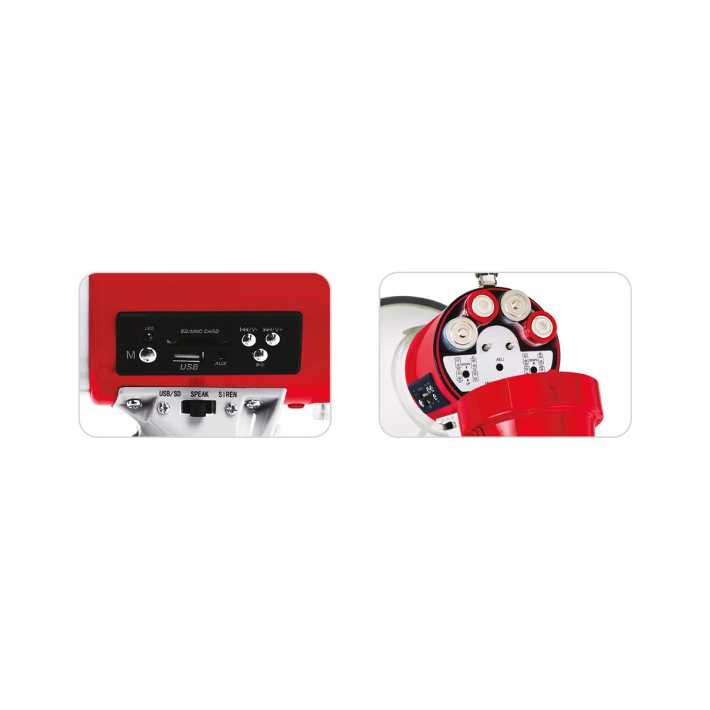 Panel de control del megáfono con botones de reproducción MP3 y entrada 12V.