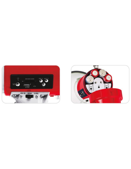 Panel de control del megáfono con botones de reproducción MP3 y entrada 12V.