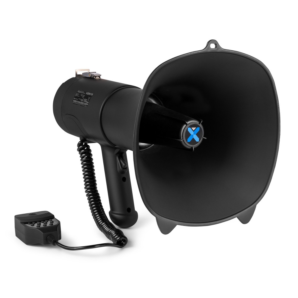 Megáfono profesional Vonyx MEG090 negro mate vista lateral con micrófono de mano.