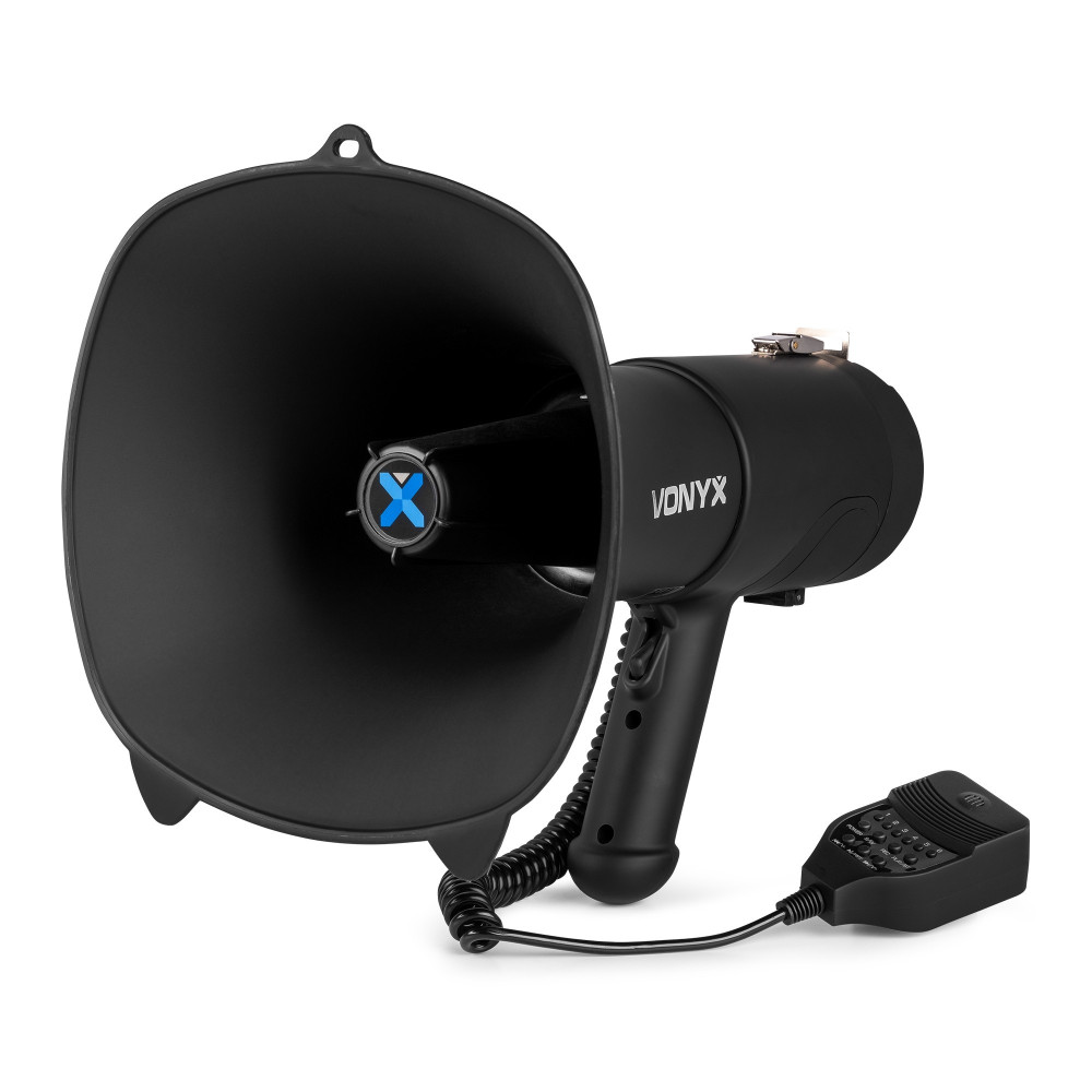 Megáfono potente 90W con correa de hombro para uso en manifestaciones y eventos.